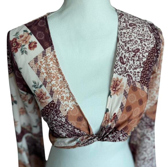 Altar’d State Patchwork Bell Sleeve Tie Top | X-Small - Picture 3 of 6